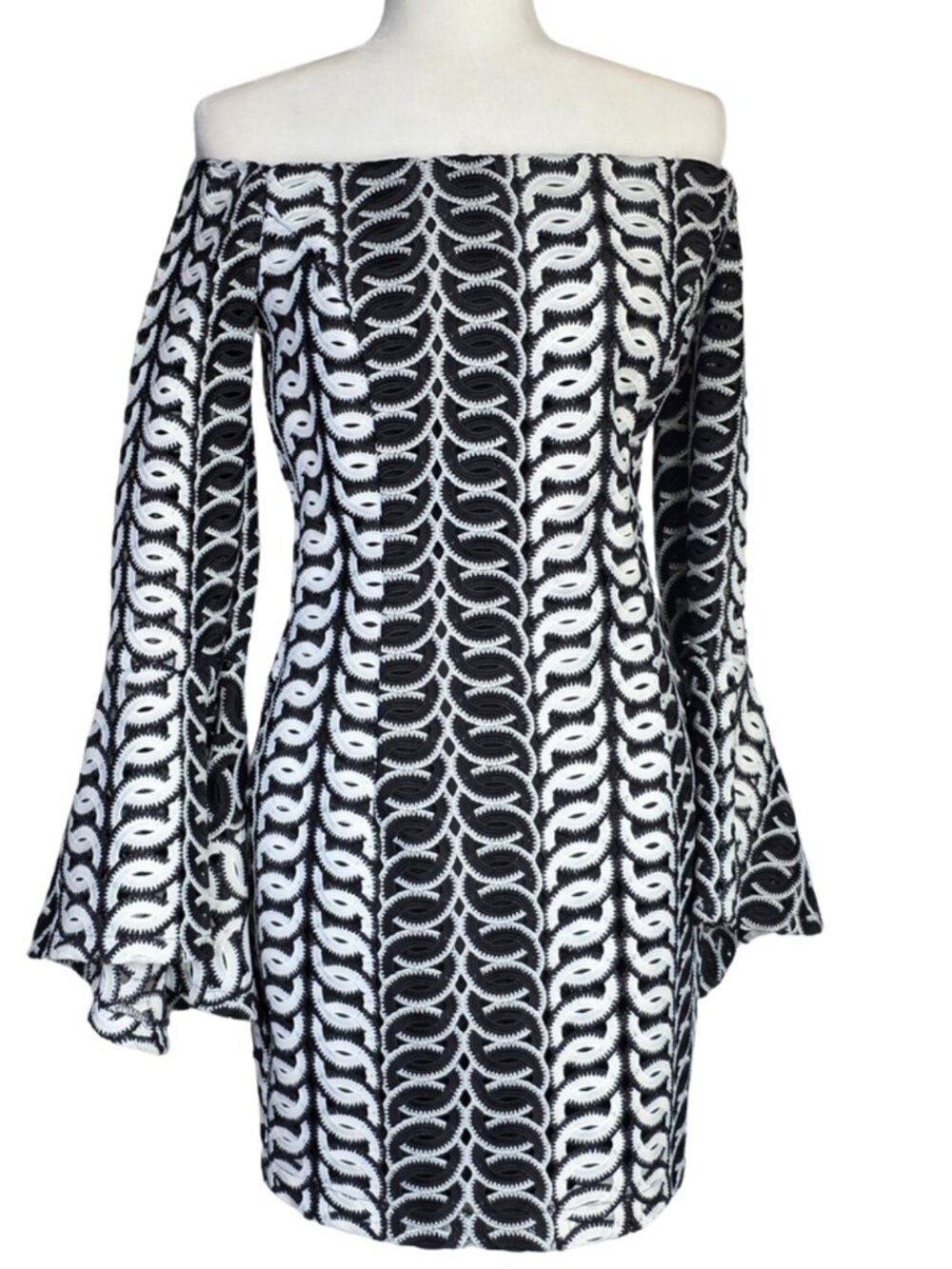 Bardot black white Mini Dress Flare Bell Sleeve Off Shoulder Size S NWT